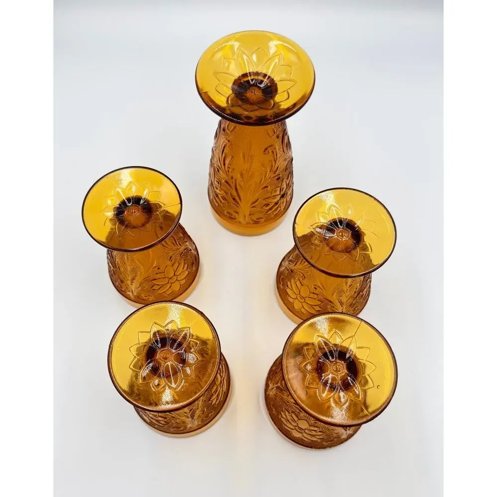 Indiana Sandwich Glass Tiara Amber 5pc Set - Tumbler Drinking Glasses